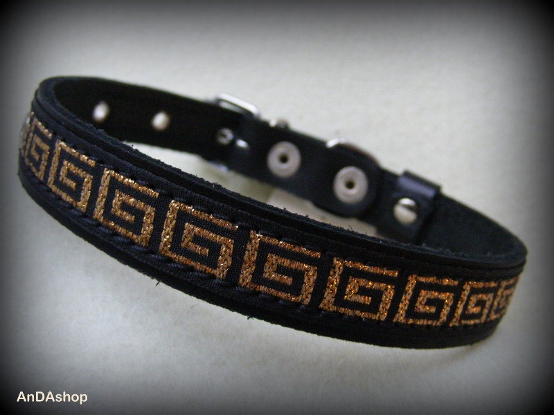 Black Leather Dog Collar With Nylon Ribbon Gold Greek Key Pattern 10"-13"