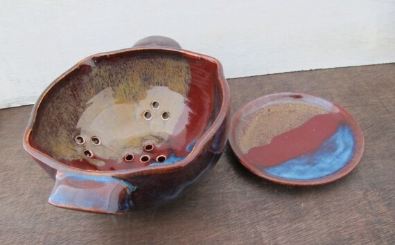 Ceramic Berry Bowl // Handmade Pottery Colander // Trio of Colors - Red, Brown and Blue