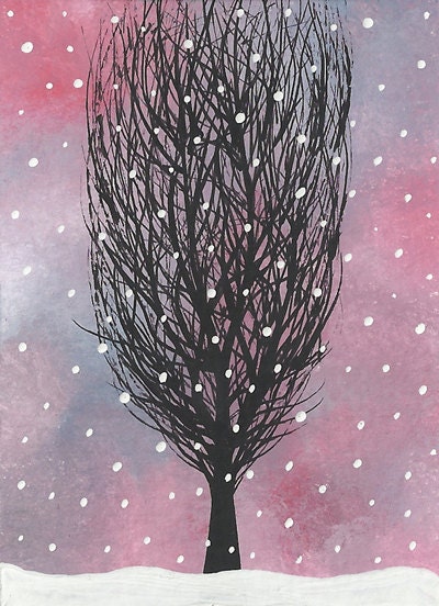 Original ACEO, Artist Trading Card, ATC. Snow Storm 4, Winter, Christmas Tree