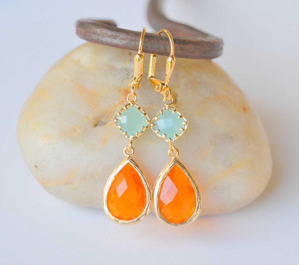 Orange Teardrop and Aqua Diamond Dangle Earrings. Fall Fashion Earrings. Orange Aqua Earrings. Free Shipping.
