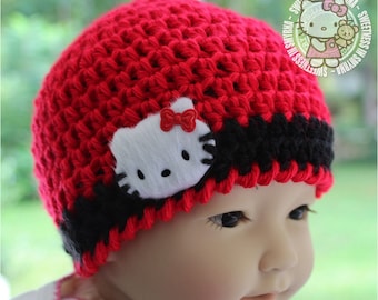Baby Hat, Red, Black, Kitty Hat, Baby Beanie, Baby Girl, 0 to 3 months, Photo Prop, READY TO SHIP