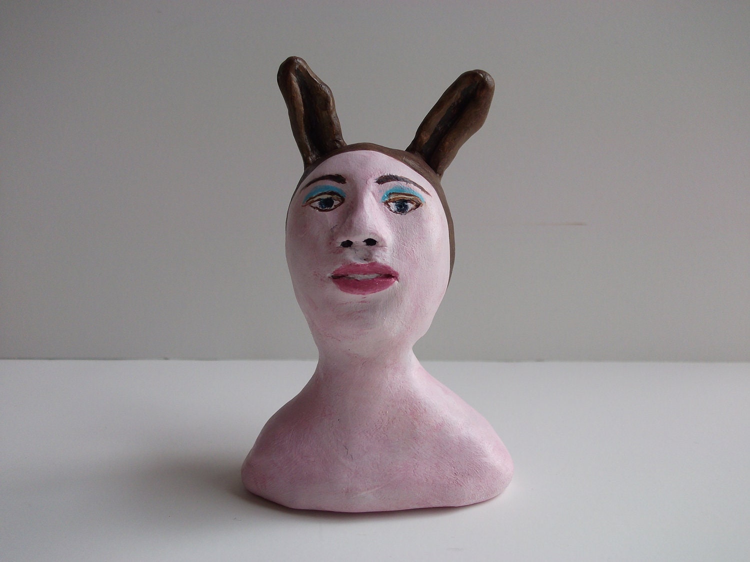 Clay sculpture COTTON CANDY 6 art doll figure bust (original art) pink girl bunny blue eyeshadow brown ears rabbit