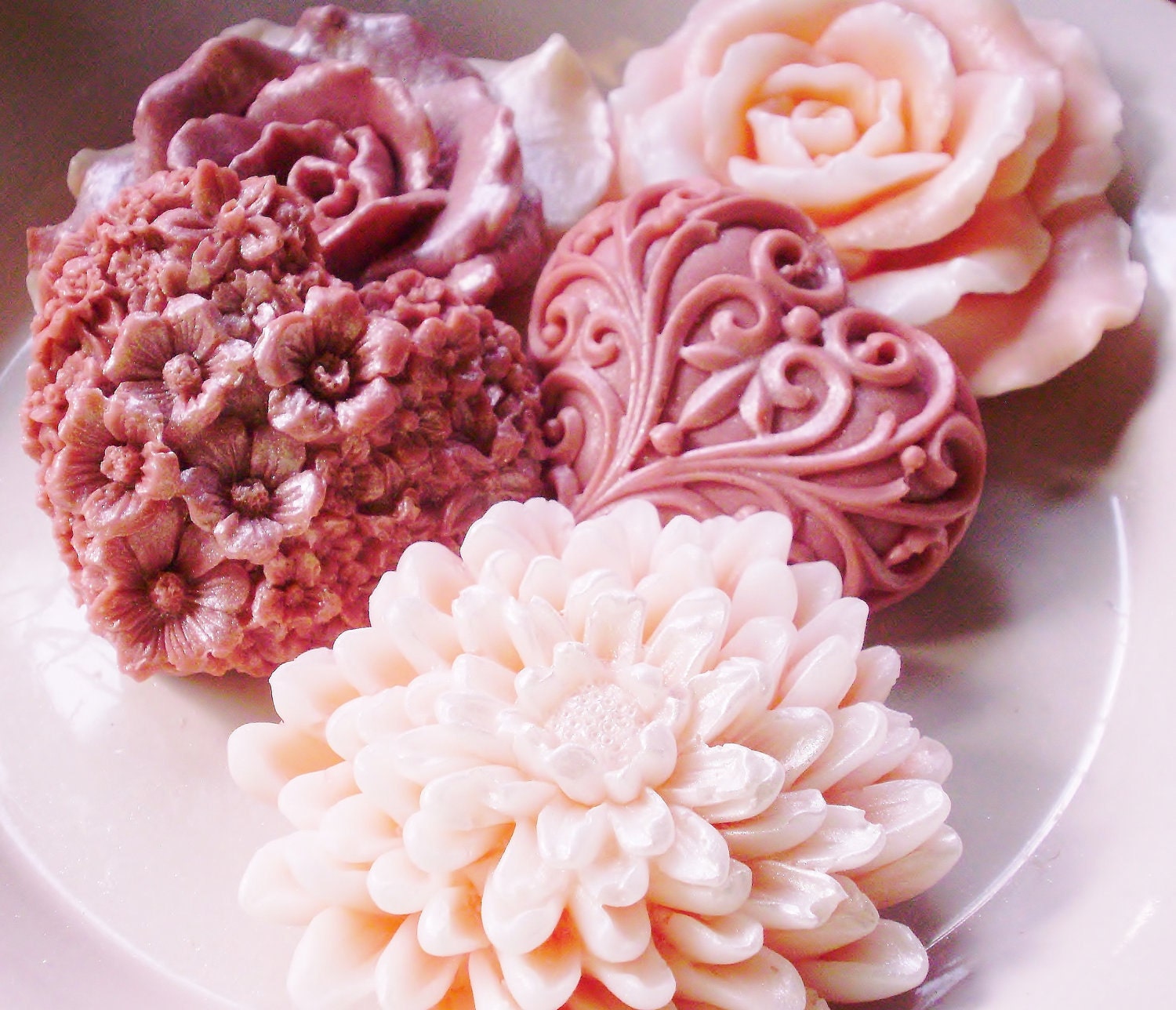 ROSE & HEARTS SOAP, Light Dusting of Dusty Rose, Chrysanthemum, Roses, and Hearts, Scented in Sweet Pea, Vegetable Based