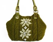 Green - Khaki Shoulder Bag Celebrity Style With Genuine Leather Khaki Straps / Handles hand bag hand made-knit bag
