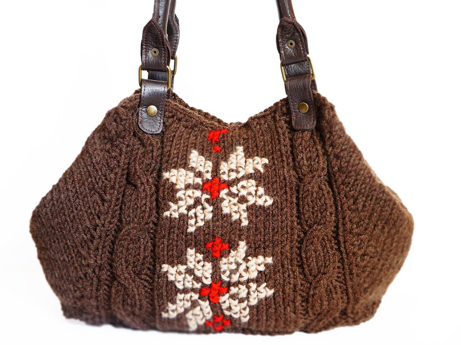 Brown Shoulder Bag Celebrity Style With Genuine Leather Red Handles hand bag hand made knit bag