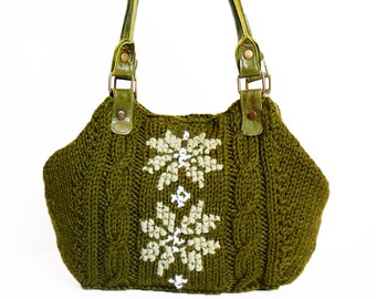 Green - Khaki Shoulder Bag Celebrity Style With Genuine Leather Khaki Straps / Handles hand bag hand made-knit bag