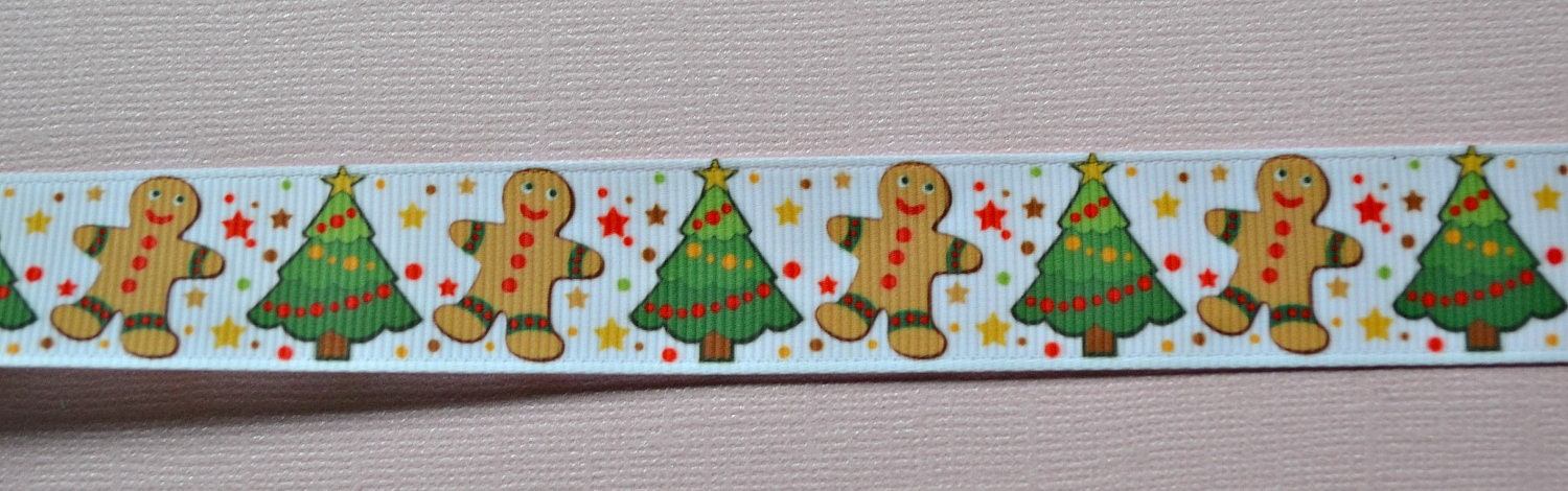 Dancing Gingerbread men and Christmas trees on white 7/8" grosgrain ribbon Christmas Il_170x135