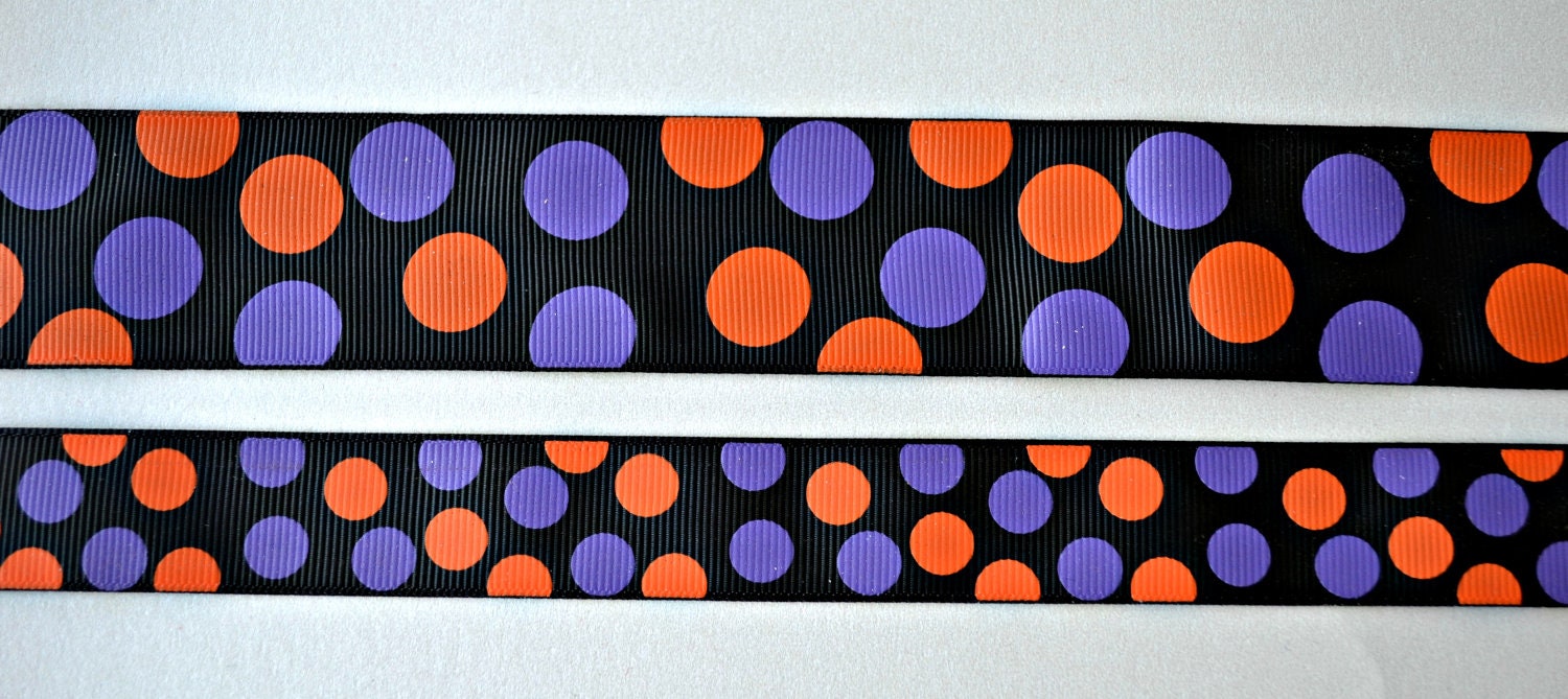 Purple and Orange Halloween dots printed on black 7/8" and 1 1/2" grosgrain ribbon combo set Il_570xn