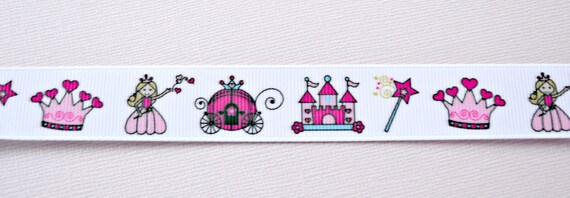 Pretty Pink princess, castles & coach on 7/8 inch white grosgrain ribbon Il_570xn