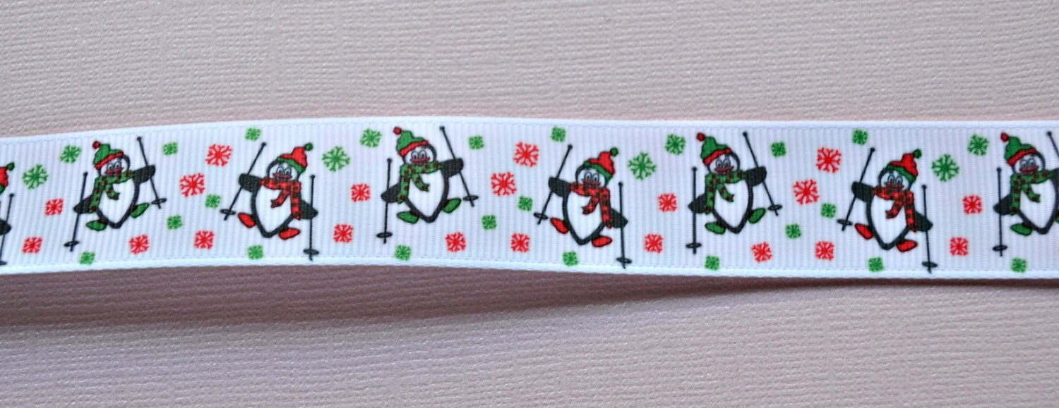 Skiing penguins on white 7/8" grosgrain ribbon Christmas Il_570xn