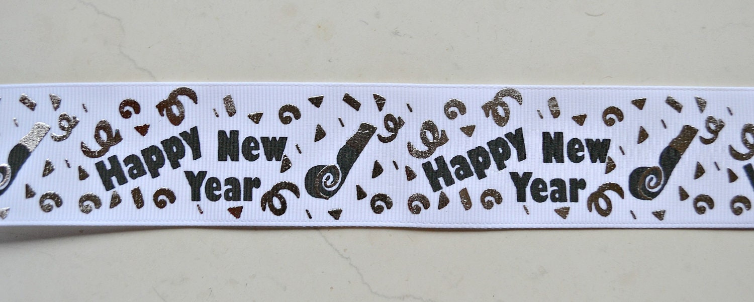 Silver foil Happy New Years streamers & confetti on white 1 1/2" grosgrain ribbon New Years eve Il_570xn