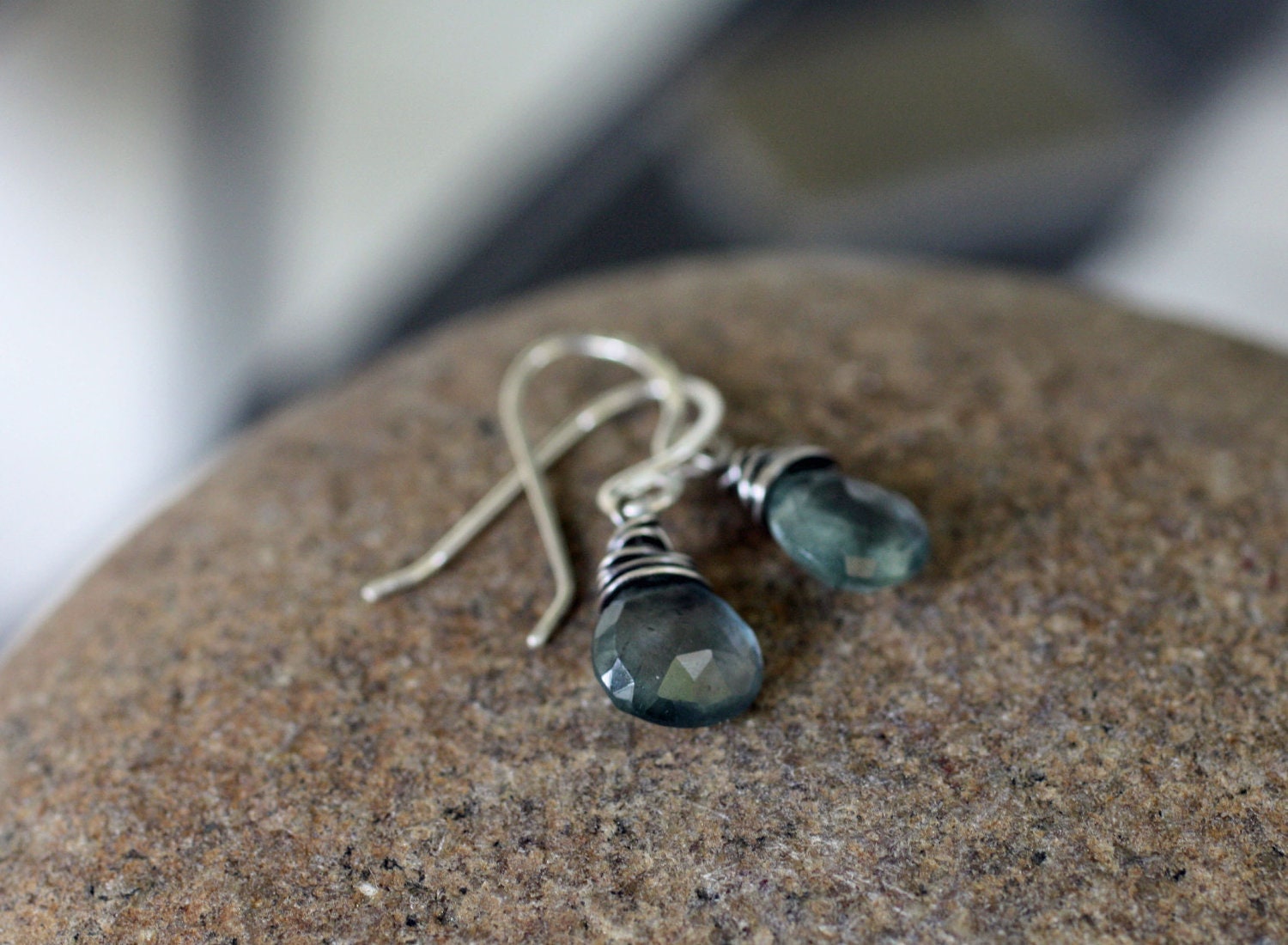 Faceted dainty moss aquamarine drop earrings in sterling silver