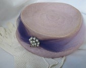 Vintage Lavender Straw Hat, with Rhinestone and Faux Pearl Brooch, Pillbox Style, Ombre Netting Band,, Wearable Style from the 1960s
