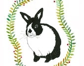 Original Ink Watercolour Illustration Original Art Black White Rabbit Nature Green Leaves Garland Drawing Realism