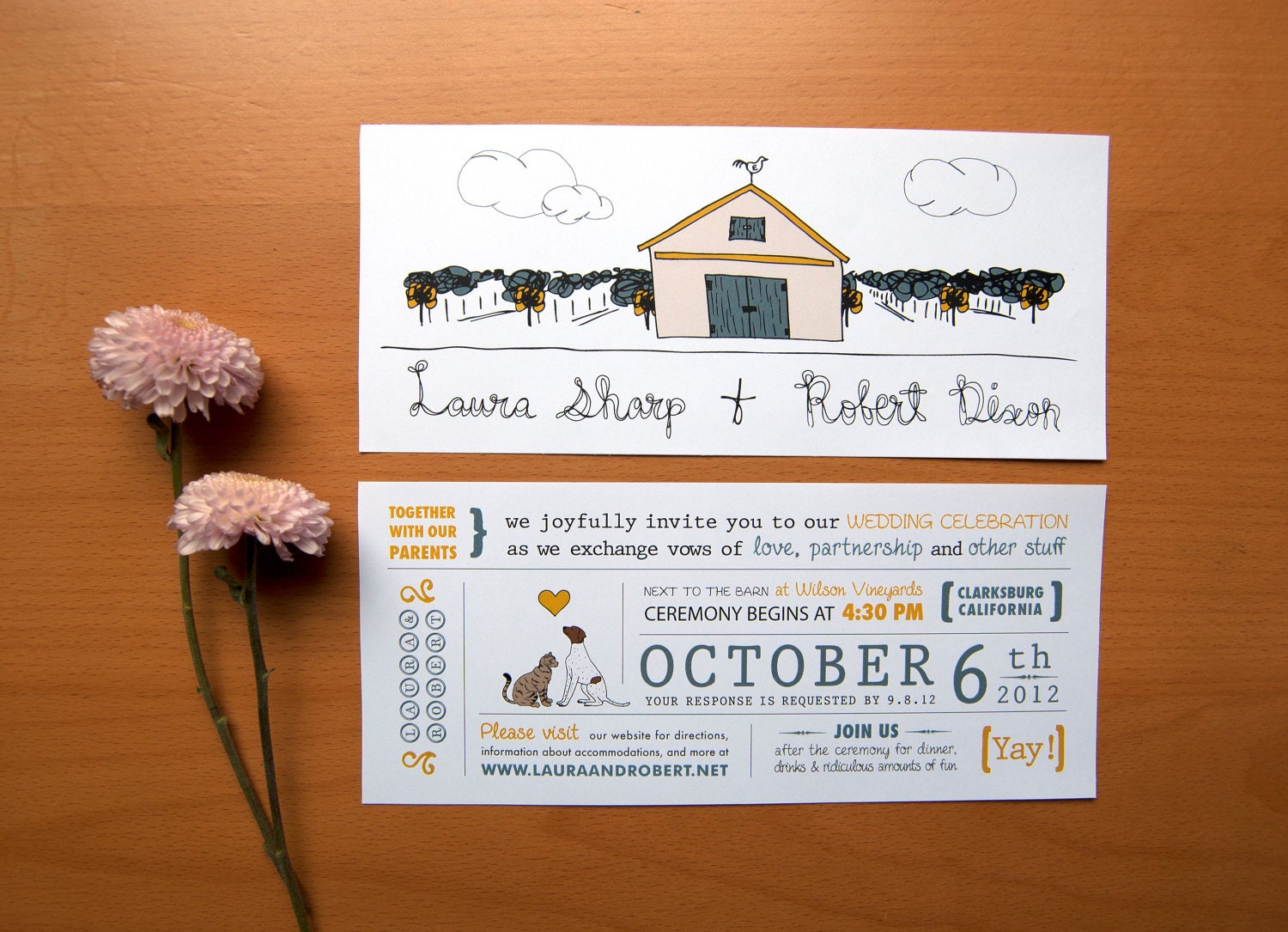 Rustic Wedding Invitation - Cat Loves Dog & Barn With Vineyard Illustration