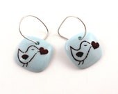 Sky Blue Earrings Birds in Love with Heart Porcelain 925 Sterling Silver Handmade Hoops Romantic