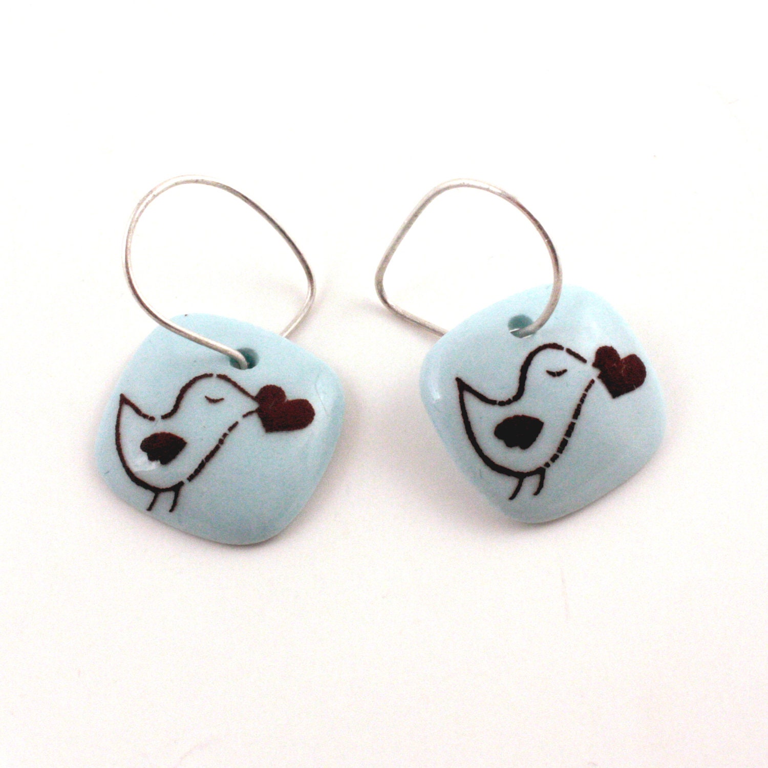 Sky Blue Earrings Birds in Love with Heart Porcelain 925 Sterling Silver Handmade Hoops Romantic