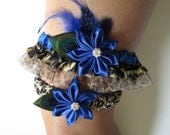 Bridal Wedding Garter Set, Leopard Garters, Royal Blue Garters, Peacock Garters, Blue Feather Garters, Kanzashi Flower, Prom Garters
