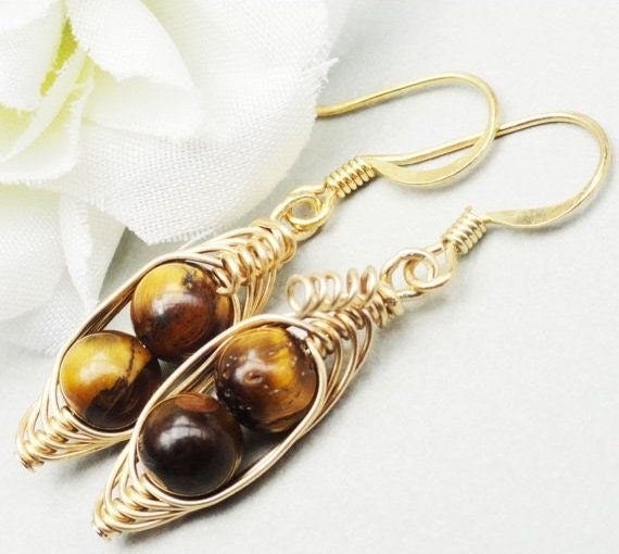 Two Peas In A Pod Gold Gemstone Earrings - Limited Edition Tiger Eye Gem Earrings Ideal For Friends Famly Or Mothers