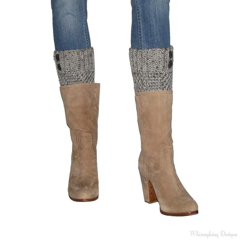 Crochet Boot Cuffs in Grey Tweed Leg Warmers Silver Buttons