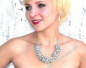 Pearl and Crystal Beaded Necklace and Earrings Chunky Necklace,  Cluster Necklace, Prom Wedding Bridal Quinceanera - Silver Delight
