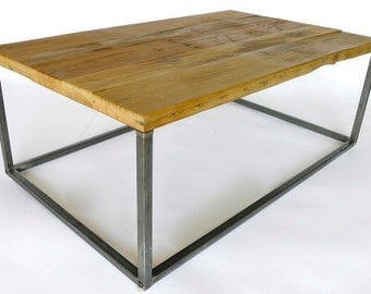 Michaels Coffee Table with a natural wood finish and an industrial metal frame // reclaimed barn wood coffee table