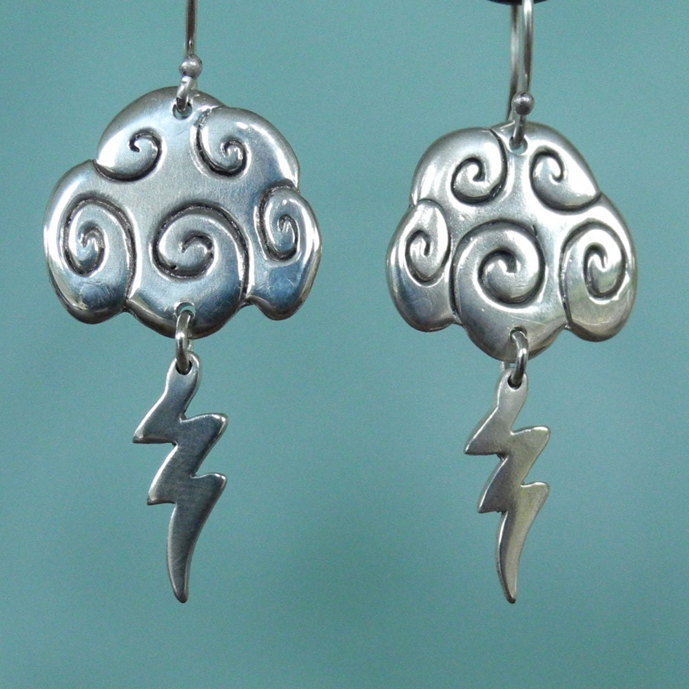 Storm Cloud Earrings with Lightening Strike - drop earrings