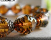 Czech Glass Bead - Bicone  - Topaz Brown Brass Picasso - 10 - 10 x 8mm bicone (cab-464)