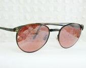 90s Sunglasses 1990's Round Sunglasses Aviator Black Metal Double Flat Top Bridge Bronze Frame 57/15 Pink Mirror Non Rx Lens