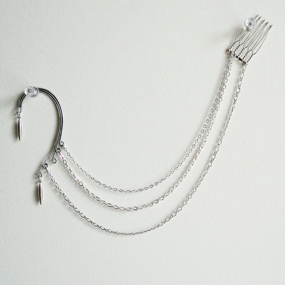 Ear Chain Harness with Hair Comb in Silver