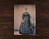 5x7 Deer Art Print, Mixed Media Collage Print, Altered Civil War Portrait, Violet, frighten