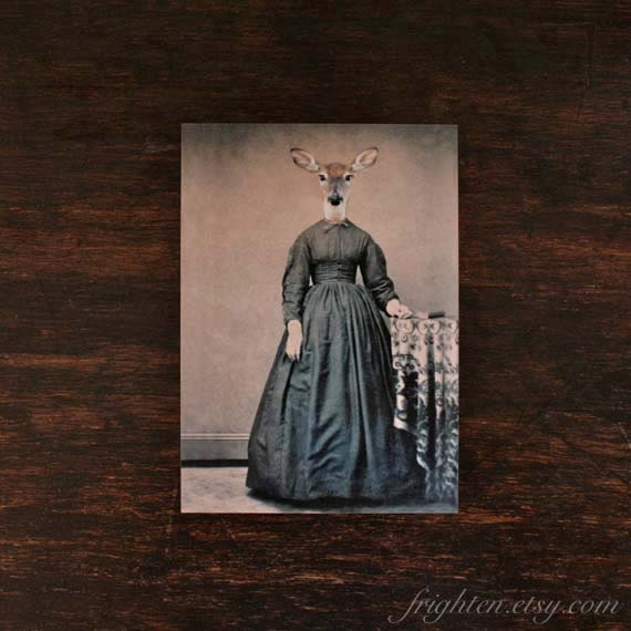 5x7 Deer Art Print, Mixed Media Collage Print, Altered Civil War Portrait, Violet, frighten