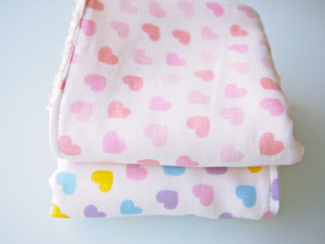 Set of 2 Double Gauze and Organic Terry Hand Towels / Wash Cloths - Hearts