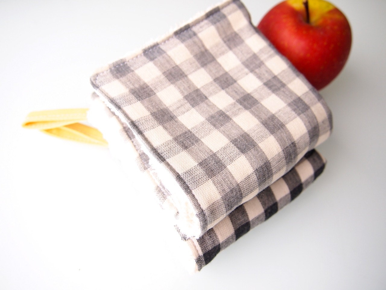 Set of 2 Double Gauze and Organic Terry Hand Towels / Wash Cloths - Black and Grey Checks