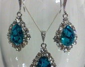 Something Blue Beach Wedding Jewelry, Dark Aqua Earrings, Oval Teardrop Swarovski Crystals, BIJOUX AQUA SET