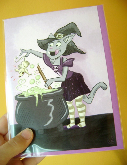 Blank Cartoon Witch Cat Greeting Card Notecard - Wiccan Pagan Bast Purple - 5 X 7