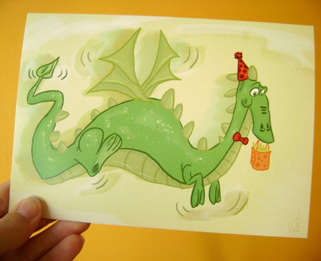 Blank Greeting Card Notecard - Dragon Cartoon Fantasy Birthday Card - 5x7