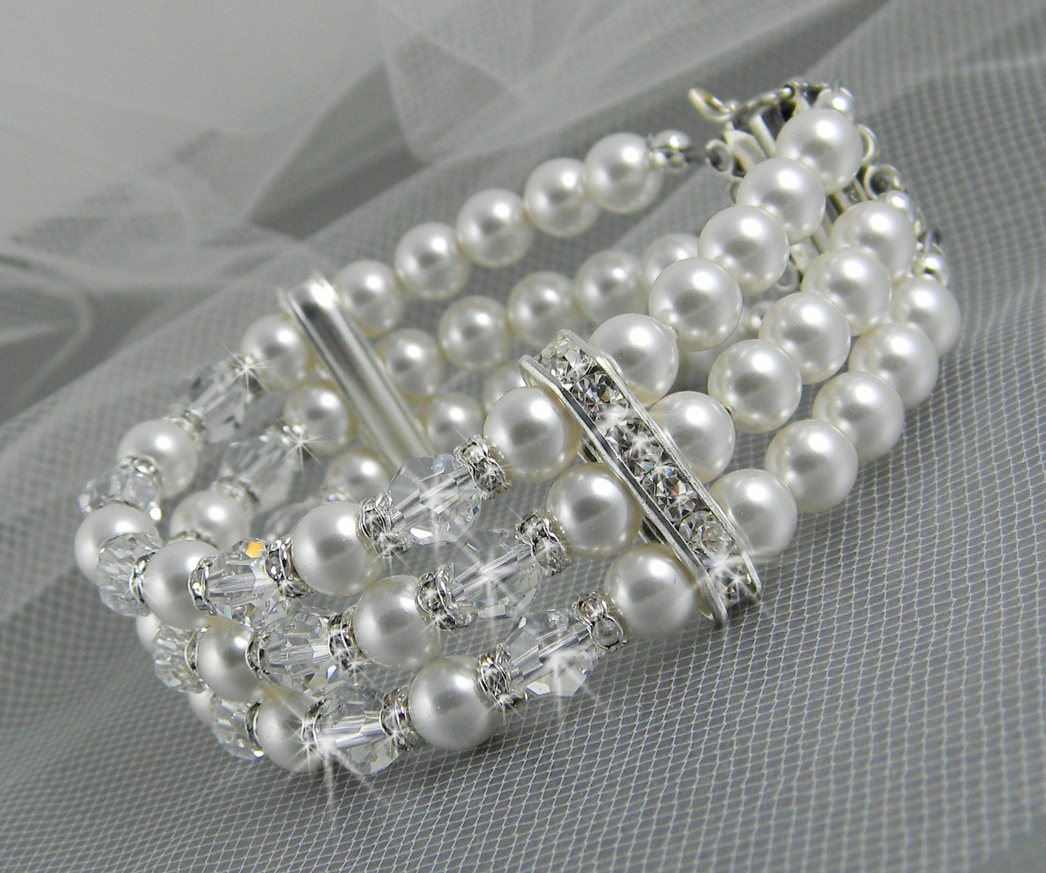 Crystal Cuff Bracelet Swarovski pearls crystals 3 strand cuff bracelet Wedding jewelry, vintage style, Tamara Cuff 3 strands