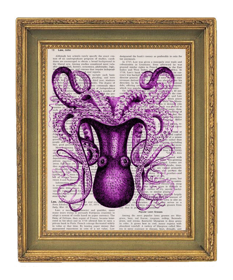 Large Purple Octopus - Vintage Encyclopedia Book Print-  7x10