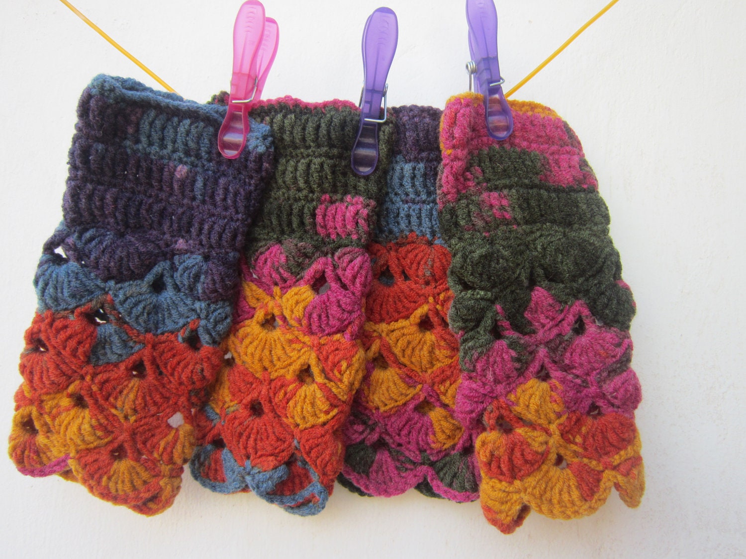 Multicolor Crochet Fingerless Mittens Wrist Warmers Gloves Orange Red Yellow Blue Violet Accessories Woman Girl Teen by dodofit on Etsy