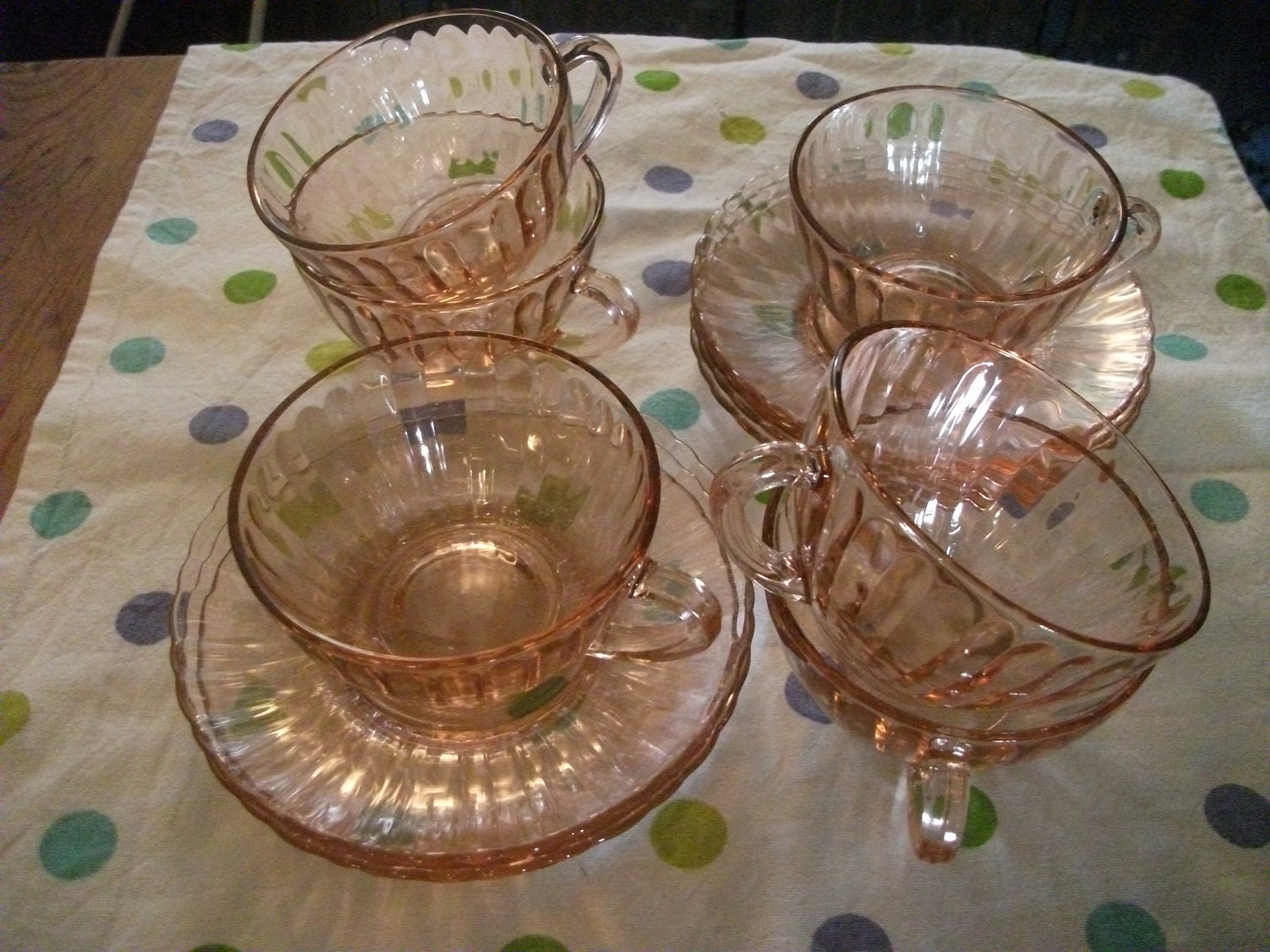 PINK GLASS cups and saucers, large, cappuccino, tea, cafe au lait,retro, 1950s, set of 6, free towel