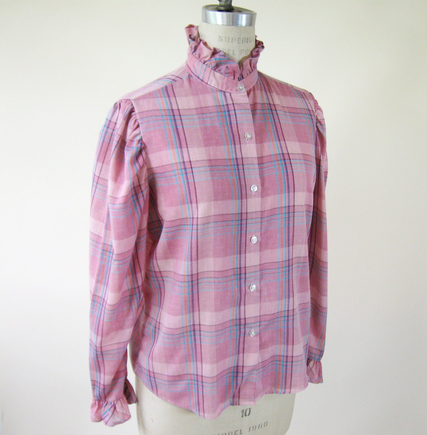 80s Pink Plaid Blouse Puff Sleeve Ruffle Collar Womens Size Large