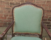 antique furniture French Provincial arm chair, shabby chic dining room furniture, green naugahyde leather, bedroom, captains chair