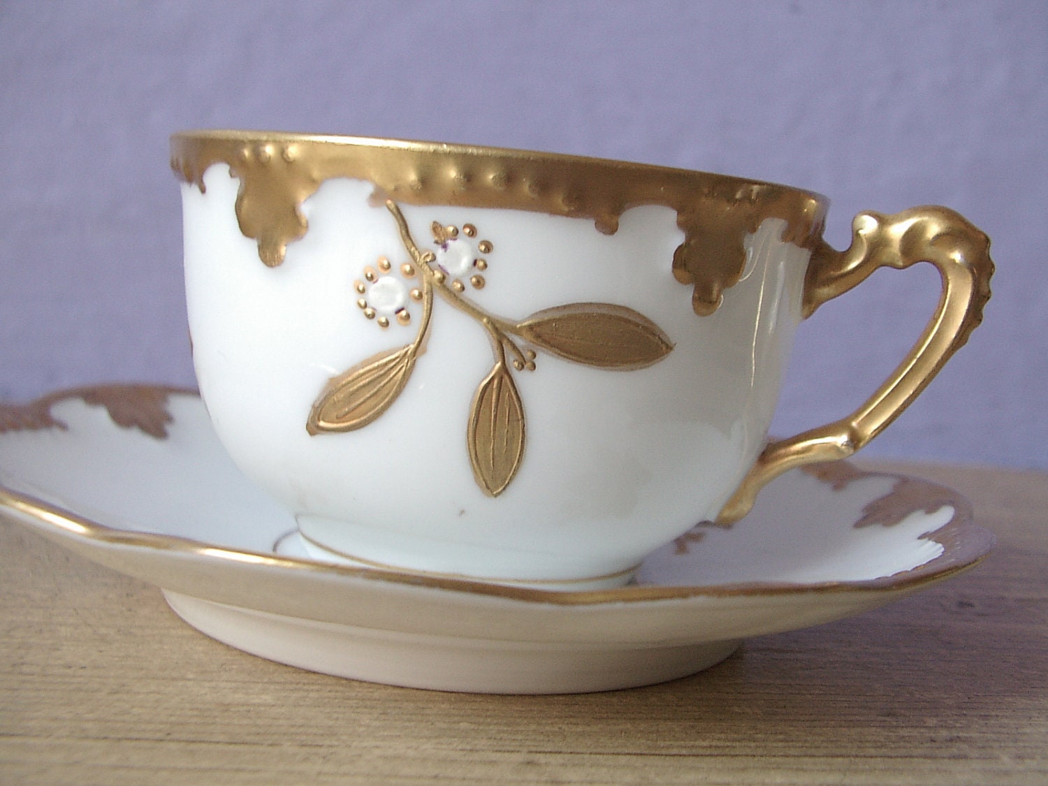 antique tea set, gold tea cup and saucer set, AK Limoges France tea set, gold and white