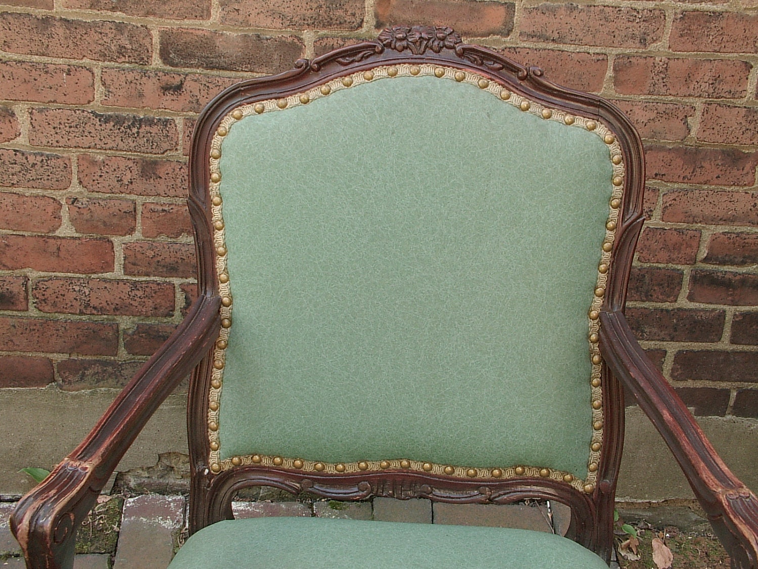 antique furniture French Provincial arm chair, shabby chic dining room furniture, green naugahyde leather, bedroom, captains chair