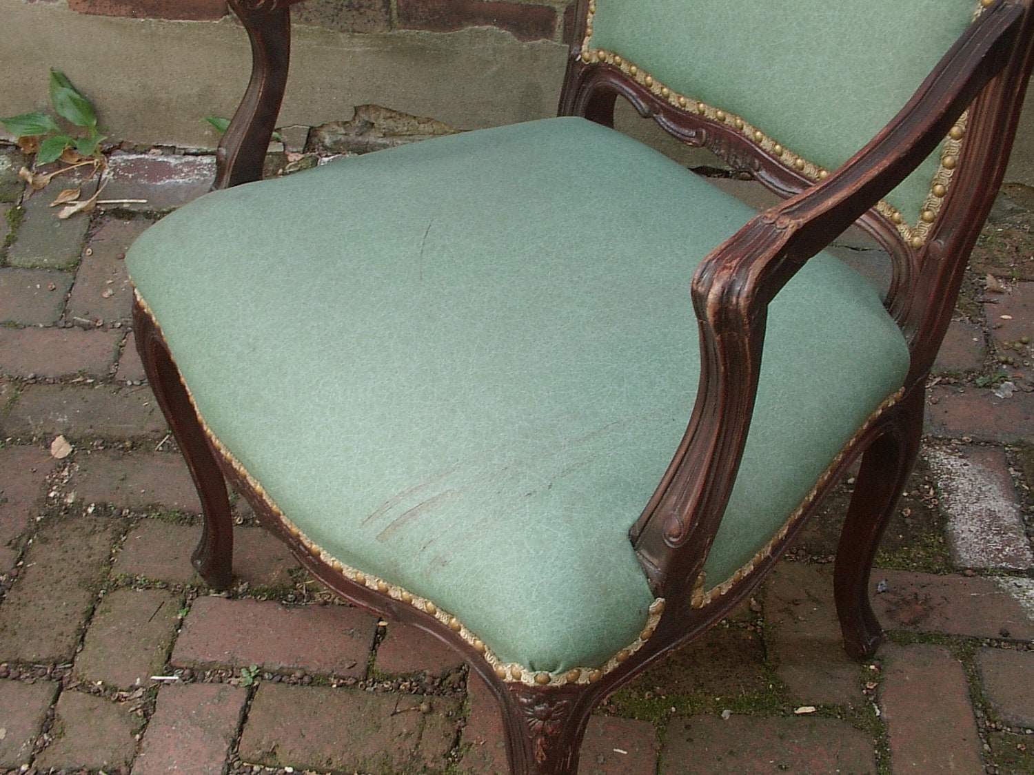 antique furniture French Provincial arm chair, shabby chic dining room furniture, green naugahyde leather, bedroom, captains chair