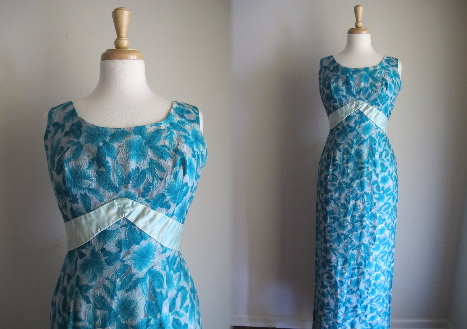 50s Formal Gown / 1950s Floral Evening Gown with Train / 50s Party Dress