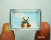 Micro White Brown Bear Blue Bow - Tiny Crochet Miniature Teddy 1/2 Inch Scale - Made To Order