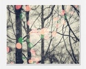 Abstract Art, Dreamy Bokeh Lights Snow Winter Trees Pink Green, Surreal Winter Picture, Mint Cream Abstract Wall Art.