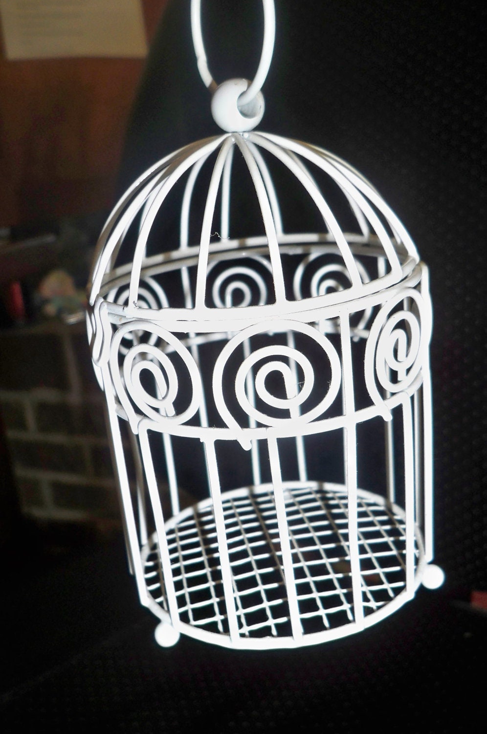 White Metal Scroll Small Bird Cage with Hinged Top